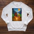 Bigfoot And Alien Reading Books Campfire Halloween Raglan Sleeve Sweatshirt Heather Mustard