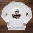 Bonafide Reader Cute Skeleton Reading a Book Lover Bookish Raglan Sleeve Sweatshirt Heather Mustard