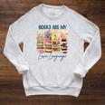 Book Lover Reading Brushstroke Books Are My Love Language Raglan Sleeve Sweatshirt Heather Mustard