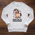 Books Fuel My Horsepower Cute Reading Pony Raglan Sleeve Sweatshirt Heather Mustard Books Fuel My Horsepower Cute Reading Pony Raglan Sleeve Sweatshirt Heather Mustard
