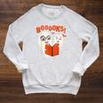 Booooks Boo Ghost Book Library Halloween Students Teachers Men Women Kids Raglan Sleeve Sweatshirt Heather Mustard