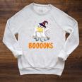 Booooks Funny Halloween Cute Ghost Book Reading Raglan Sleeve Sweatshirt Heather Mustard