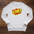 Boy Five Superhero Comic Book Hero 5th Birthday Boy 5 Years Raglan Sleeve Sweatshirt Heather Mustard