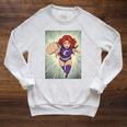 The Crimson Crescent 90s Retro Comic Book Superheroine Art Raglan Sleeve Sweatshirt Heather Mustard