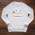 Cute Cat Book Reading Coffee Raglan Sleeve Sweatshirt Heather Mustard
