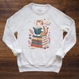Cute Cat Reading Books With Tea Raglan Sleeve Sweatshirt Heather Mustard