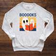 Cute Ghost Book Reading Halloween Teacher Puns Booooks Men Women Kids Raglan Sleeve Sweatshirt Heather Mustard