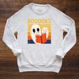 Cute Ghost Book Reading Halloween Teacher Puns Booooks For Men Women Kids Raglan Sleeve Sweatshirt Heather Mustard