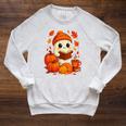 Cute Ghost Reading Book Autumn Pumpkins Cat Coffee Halloween Raglan Sleeve Sweatshirt Heather Mustard