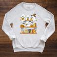 Cute Halloween Ghost Bookshelf Cat Book Lover Raglan Sleeve Sweatshirt Heather Mustard