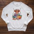 Cute Highland Cow With Book Floral Bookworm Librarian Book Raglan Sleeve Sweatshirt Heather Mustard