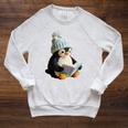 Cute Penguin Reading Book Faux-Crochet Print Raglan Sleeve Sweatshirt Heather Mustard