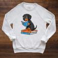 Dachshund Dog With Glasses Reading Book Librarian Raglan Sleeve Sweatshirt Heather Mustard