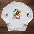 Dragons And Books Watercolor Fantasy Dragon Lover Theme Raglan Sleeve Sweatshirt Heather Mustard
