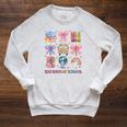 Girls 100 Days Of School Coquette Bow Pencil Bus Book Crayon Raglan Sleeve Sweatshirt Heather Mustard