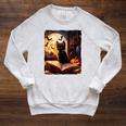 Halloween Cat Reading Books Spooky Cat Reader Teachers Raglan Sleeve Sweatshirt Heather Mustard