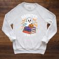 Haunted By My TBR Cute Ghost Reading Books Pumpkin Bookworms Raglan Sleeve Sweatshirt Heather Mustard