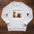 I Just Want To Read Books And Pet My Golden Retriever Dog Men Women Girls Kids Raglan Sleeve Sweatshirt Heather Mustard