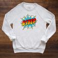 Kids Boys Asher Comic Book Superhero Name Raglan Sleeve Sweatshirt Heather Mustard