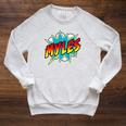 Kids Boys Myles Name Superhero Comic Book Raglan Sleeve Sweatshirt Heather Mustard