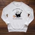 Life Is Better With Tea Cats And Books Cat Sayings Raglan Sleeve Sweatshirt Heather Mustard