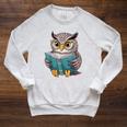 Owl Reading A Book Owls Wearing Glasses Librarian Raglan Sleeve Sweatshirt Heather Mustard