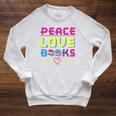 Peace Love Books Library Book Lover Raglan Sleeve Sweatshirt Heather Mustard