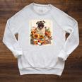 Pug Reading Books Sunflowers With Coffee Lover Owner Raglan Sleeve Sweatshirt Heather Mustard