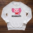 Readalotl Love Axolotls Reading Books And Axolotls Raglan Sleeve Sweatshirt Heather Mustard