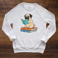 Reading Pug Bookworm Cute Pug With Glasses Books Raglan Sleeve Sweatshirt Heather Mustard