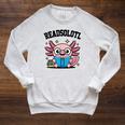 Readsolotl Pink Kawaii Axolotl Book Lover Reading Raglan Sleeve Sweatshirt Heather Mustard