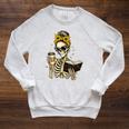 Skeleton Girl Drinking Coffee Bow Sunflower Book Lover Raglan Sleeve Sweatshirt Heather Mustard