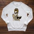 Skeleton Girl Drinking Coffee And Reading Book Raglan Sleeve Sweatshirt Heather Mustard