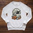 Vintage Ghost Reading Book Pumpkins Goth Halloween Teachers Raglan Sleeve Sweatshirt Heather Mustard