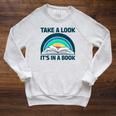 Vintage Retro Style Rainbow Take a Look It's In a Book Read Raglan Sleeve Sweatshirt Heather Mustard