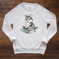 Women's Adorable Watercolor Husky Puppy Dog Reading Books Raglan Sleeve Sweatshirt Heather Mustard Women's Adorable Watercolor Husky Puppy Dog Reading Books Raglan Sleeve Sweatshirt Heather Mustard