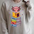 Axolotl Bookworm Girls Cute Book Reading Axolotl Pink Raglan Sleeve Sweatshirt Heather Forest