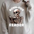 Bonafide Reader Cute Skeleton Reading a Book Lover Bookish Raglan Sleeve Sweatshirt Heather Forest