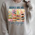 Book Lover Reading Brushstroke Books Are My Love Language Raglan Sleeve Sweatshirt Heather Forest