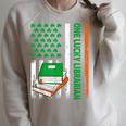 Books US American Flag One Lucky Librarian St Patrick's Day For Women Kids Men Raglan Sleeve Sweatshirt Heather Forest