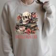 Booktrovert Skull Books Tea Flower Gothic Bookworm Bookish Raglan Sleeve Sweatshirt Heather Forest