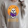 Boooks Moon Ghost Reading Halloween Bookworm Librarian Book Raglan Sleeve Sweatshirt Heather Forest