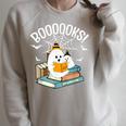 Booooks Ghost Read Books Halloween Raglan Sleeve Sweatshirt Heather Forest