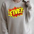 Boy Five Superhero Comic Book Hero 5th Birthday Boy 5 Years Raglan Sleeve Sweatshirt Heather Forest