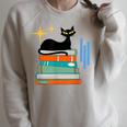 Cat And Books Retro Midcentury Mid Century Aesthetic Raglan Sleeve Sweatshirt Heather Forest