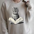 Cat Bookworm Reading Book Graphic Raglan Sleeve Sweatshirt Heather Forest