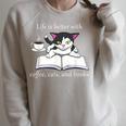 Cat Reads a Book Reading Coffee Raglan Sleeve Sweatshirt Heather Forest