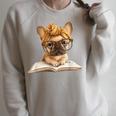 Cute Bulldog Reading Dog Book Lover Animal Graphic French Raglan Sleeve Sweatshirt Heather Forest