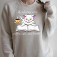 Cute Cat Book Reading Coffee Raglan Sleeve Sweatshirt Heather Forest
