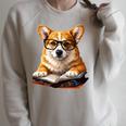 Cute Dog Corgi Reading Book Raglan Sleeve Sweatshirt Heather Forest